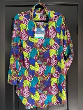 Coolibar Women's Leaf-Print v-neck Long Shirt in Teal, Lime, Purple NWT